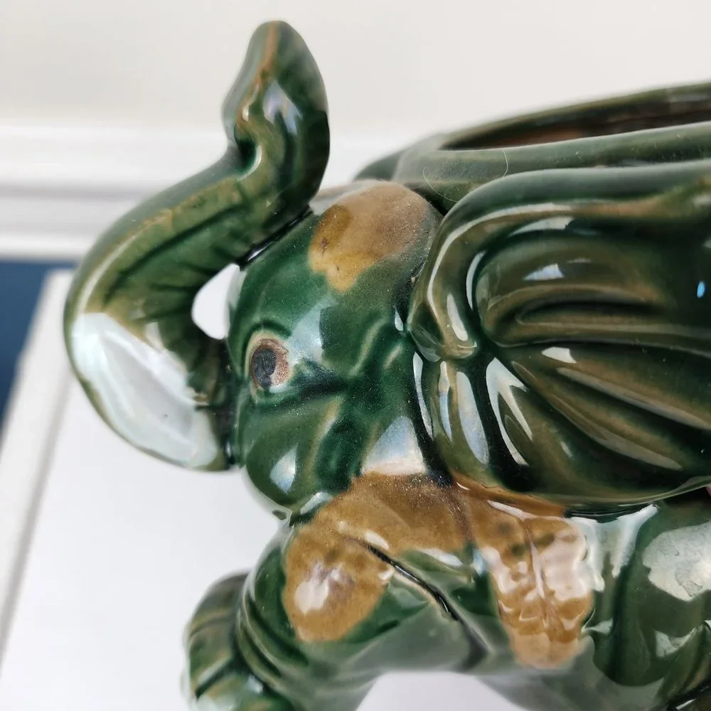 Green Majolica Elephant Planter Trunk Up